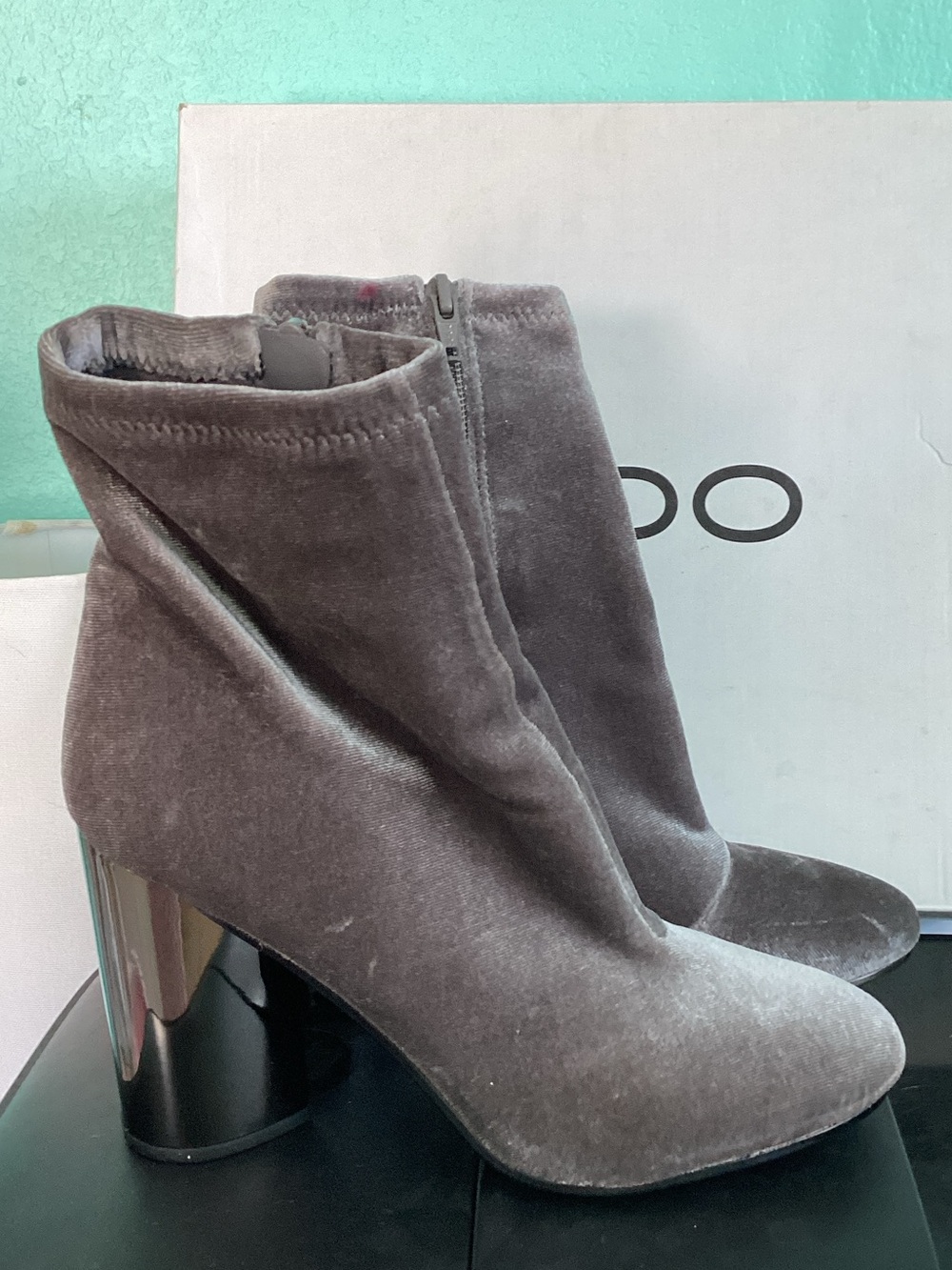 Aldo Gray Velvet Ankle Boots with Mirrored Block Heel